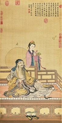 Lot 223 - 20TH CENTURY JACQUARD TAPESTRY SCROLL 二十世纪 维摩演教图 提花绣立轴