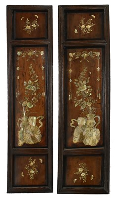 Lot 89 - PAIR OF CHINESE OAK AND MOTHER OF PEARL INLAID PANELS