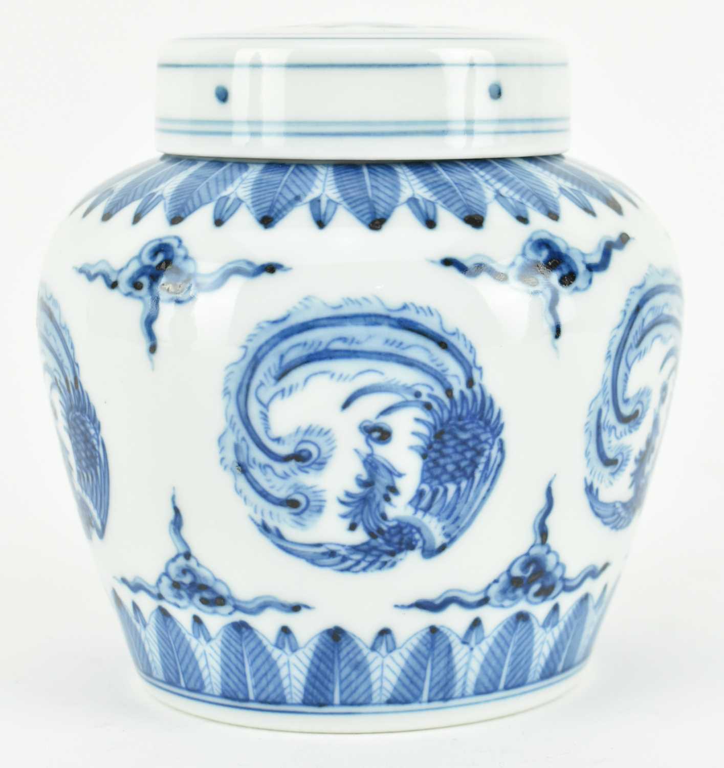 Lot 138 - BLUE AND WHITE "PHOENIX" GINGER JAR 青花凤凰天字罐