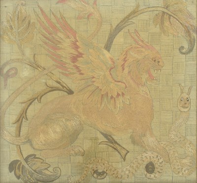 Lot 582 - EARLY 20TH CENTURY FRAMED WELSH TAPESTRY OF GRIFFIN & SNAKE