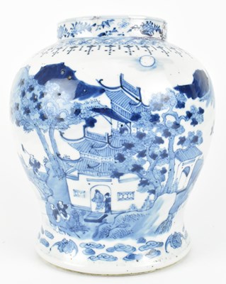 Lot 47 - QING DYNASTY BLUE AND WHITE GINGER JAR 清 青花人物山水罐