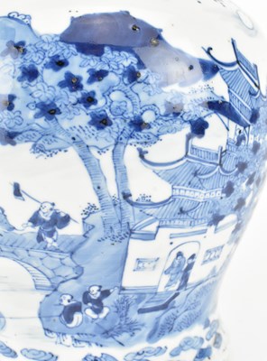 Lot 47 - QING DYNASTY BLUE AND WHITE GINGER JAR 清 青花人物山水罐