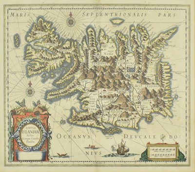 Lot 248 - ICELAND. JANSSON TABULA ISLANDIAE 17TH CENTURY HAND COLOURED ENGRAVED MAP