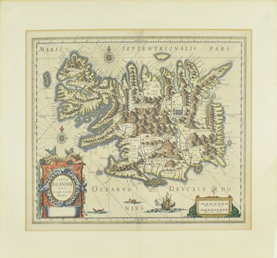 Lot 248 - ICELAND. JANSSON TABULA ISLANDIAE 17TH CENTURY HAND COLOURED ENGRAVED MAP