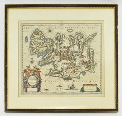Lot 248 - ICELAND. JANSSON TABULA ISLANDIAE 17TH CENTURY HAND COLOURED ENGRAVED MAP