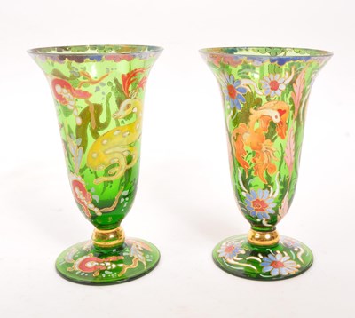 Lot 130 - PAIR OF BOHEMIAN VINTAGE GREEN GLASS AND ENAMEL VASES