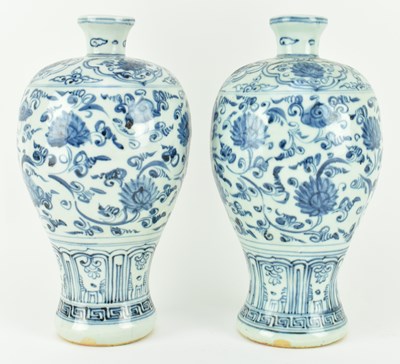 Lot 28 - PAIR OF MING BLUE AND WHITE MEIPING VASES 明 青花缠枝牡丹梅瓶一对