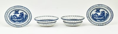 Lot 143 - CAUGHLEY - FOUR LATE 18TH CENTURY BLUE AND WHITE LATTICE DISHES