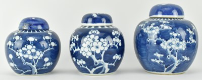 Lot 106 - GROUP OF SIX QING DYNASTY BLUE AND WHITE PRUNUS GINGER JARS 清 青花冰梅罐