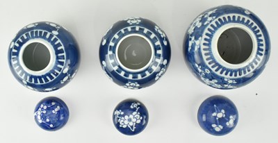 Lot 106 - GROUP OF SIX QING DYNASTY BLUE AND WHITE PRUNUS GINGER JARS 清 青花冰梅罐