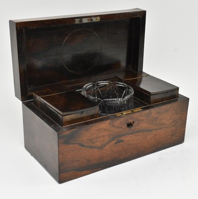 Lot 145 - EARLY 19TH CENTURY ROSEWOOD TEA CADDY WITH GLASS BOWL