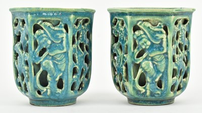 Lot 109 - PAIR OF SONG TURQUOISE GLAZED OPENWORK CUP 宋 孔雀绿釉镂空人物花卉杯一对