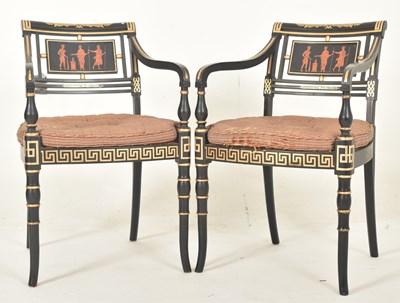 Lot 480 - PAIR OF REGENCY STYLE EBONISED & GILT WOOD OPEN BACK ARMCHAIRS