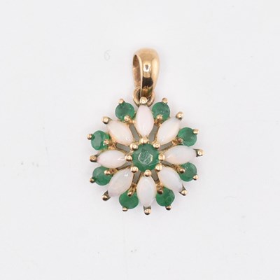 Lot 242 - 9CT GOLD OPAL AND EMERALD NECKLACE PENDANT