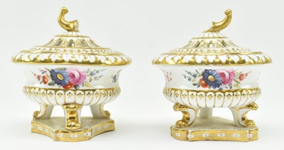 Lot 7 - PAIR OF EARLY 19TH CENTURY PORCELAIN SMALL POT POURRI POTS ON STANDS