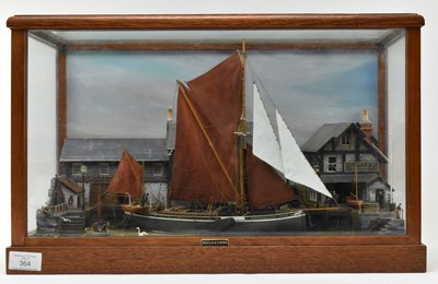 Lot 364 - 20TH CENTURY HAND BUILT MODEL BOAT DIORAMA IN MAHOGANY & GLASS CASE