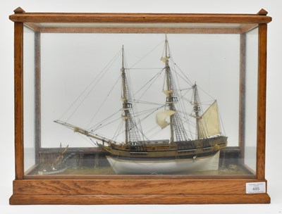 Lot 485 - 20TH CENTURY HAND-BUILT MODEL BOAT DIORAMA IN OAK & GLASS CASE