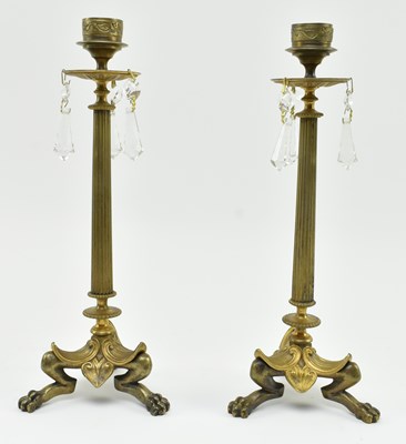 Lot 161 - PAIR OF FRENCH EMPIRE 19TH CENTURY BRASS & GLASS CANDLESTICKS