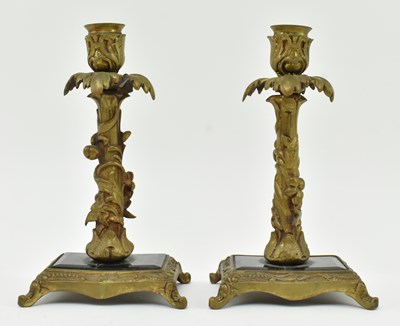 Lot 167 - PAIR OF FRENCH LOUIS XVI STYLE BRASS & GLASS DESK CANDLESTICKS