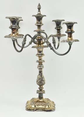 Lot 165 - 19TH CENTURY VICTORIAN FOUR BRANCH SILVER PLATED CANDELABRA WITH SNUFF