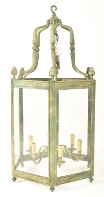 Lot 262 - PATINATED METAL & GLASS HEXAGONAL FARMHOUSE CEILING PORCH LANTERN LIGHT