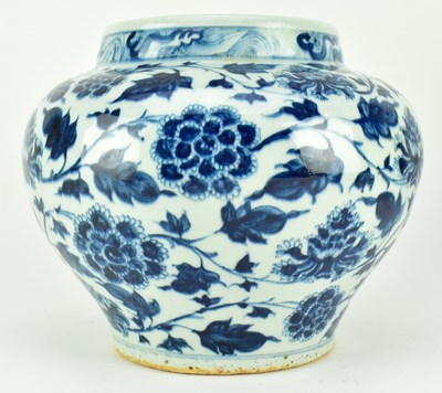 Lot 48 - MING BLUE AND WHITE 'PEONY' JAR 明 青花缠枝莲纹罐