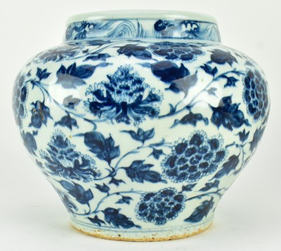 Lot 48 - MING BLUE AND WHITE 'PEONY' JAR 明 青花缠枝莲纹罐