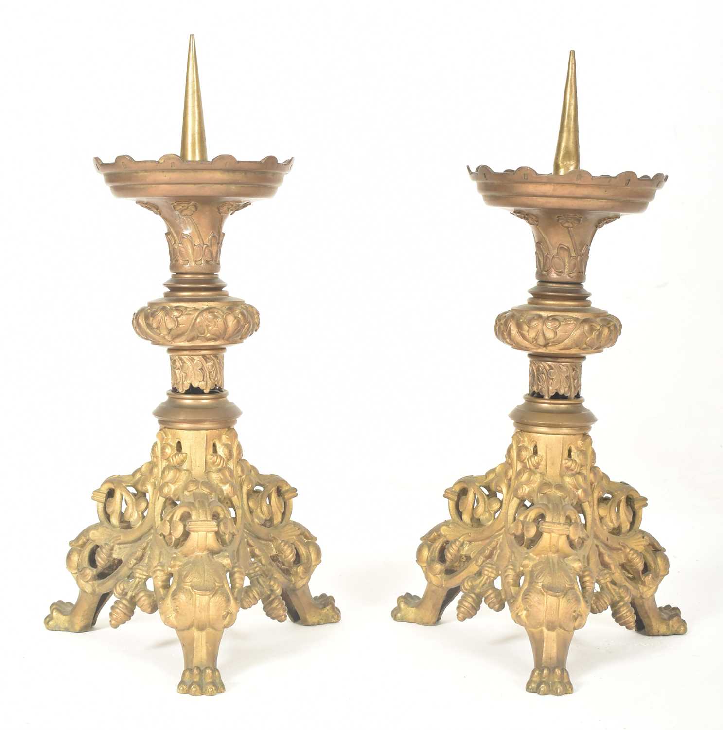 Lot 530 - PAIR FRENCH 19TH CENTURY BRASS CHURCH CANDLESTICK PRICKETS