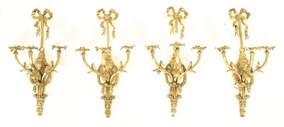 Lot 446 - FOUR FRENCH LOUIS XVI STYLE GILT METAL THREE ARM WALL SCONCES LIGHTS