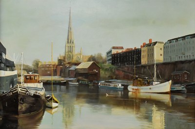 Lot 590 - GEOFFREY SAGE - WINTER AFTERNOON REDCLIFFE WHARF - OIL ON CANVAS