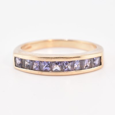 Lot 370 - HALLMARKED 9CT GOLD & AMETHYST HALF HOOP RING