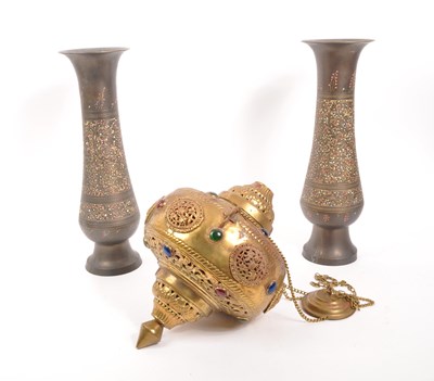 Lot 203 - PAIR OF BENARES VASES & CABOCHON SET LANTERN