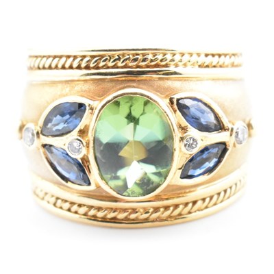 Lot 28a - HALLMARKED 18CT GOLD TOURMALINE & SAPPHIRE & DIAMOND RING