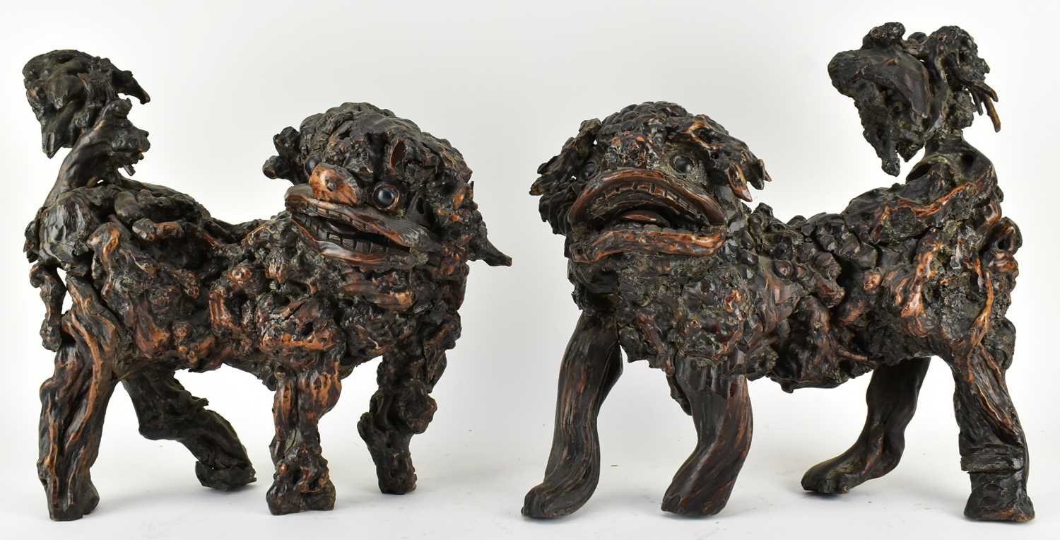 Lot 66 - PAIR OF FINE QING DYNASTY ROOTWOOD GUARDIAN LIONS FU DOGS 清 根雕守护狮子一对