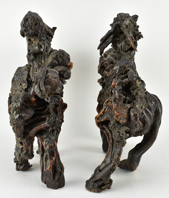 Lot 66 - PAIR OF FINE QING DYNASTY ROOTWOOD GUARDIAN LIONS FU DOGS 清 根雕守护狮子一对