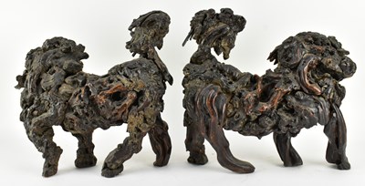 Lot 66 - PAIR OF FINE QING DYNASTY ROOTWOOD GUARDIAN LIONS FU DOGS 清 根雕守护狮子一对