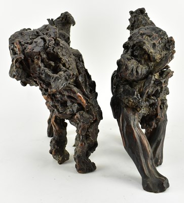 Lot 66 - PAIR OF FINE QING DYNASTY ROOTWOOD GUARDIAN LIONS FU DOGS 清 根雕守护狮子一对