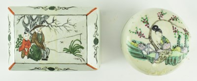 Lot 57 - TWO QING FAMILLE ROSE INKSTONE BOX & SEAL BOX 清 粉彩人物墨盒印泥盒