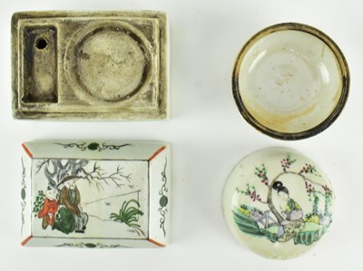 Lot 57 - TWO QING FAMILLE ROSE INKSTONE BOX & SEAL BOX 清 粉彩人物墨盒印泥盒