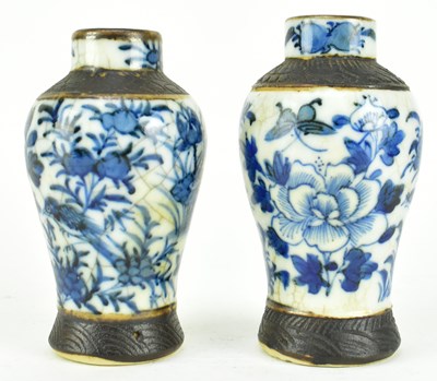 Lot 41 - PAIR OF QING NANKING BLUE AND WHITE MINIATURE VASES 清 仿哥窑青花花鸟小瓶一对