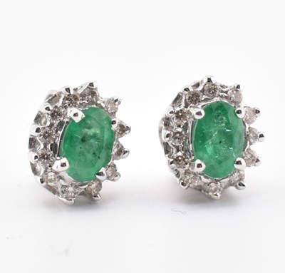 Lot 332 - PAIR OF EMERALD & DIAMOND CLUSTER STUD EARRINGS