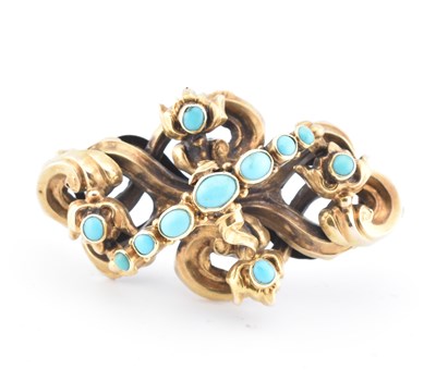 Lot 39 - 19TH CENTURY GOLD & TURQUOISE MOURNING BROOCH PIN