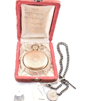 Lot 392 - YELLOW METAL WALTHAM FULL HUNTER POCKET WATCH & HALLMARKED SILVER ALBERT CHAIN