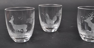 Lot 101 - ROWLAND WARD - SIX HAND ENGRAVED EUROPEAN GAME SHOT GLASSES