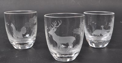Lot 101 - ROWLAND WARD - SIX HAND ENGRAVED EUROPEAN GAME SHOT GLASSES