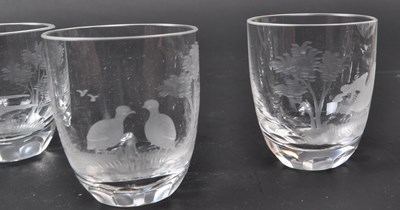Lot 101 - ROWLAND WARD - SIX HAND ENGRAVED EUROPEAN GAME SHOT GLASSES