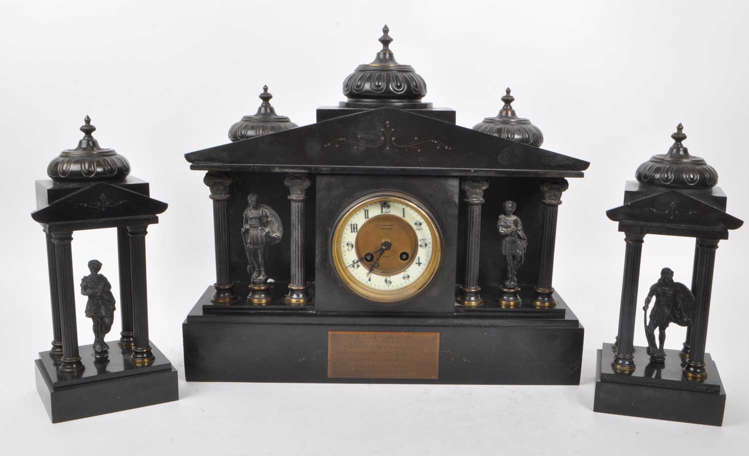 Lot 345 - AN ANTIQUE 1910 FRENCH SLATE MANTEL CLOCK GARNITURE