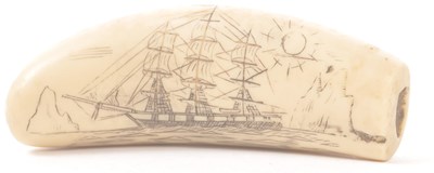 Lot 359 - TWO 20TH CENTURY RESIN SCRIMSHAW SPERM WHALE CARVED TEETH