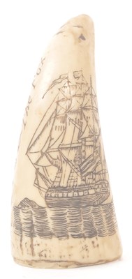 Lot 359 - TWO 20TH CENTURY RESIN SCRIMSHAW SPERM WHALE CARVED TEETH