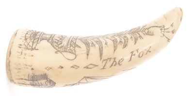 Lot 359 - TWO 20TH CENTURY RESIN SCRIMSHAW SPERM WHALE CARVED TEETH